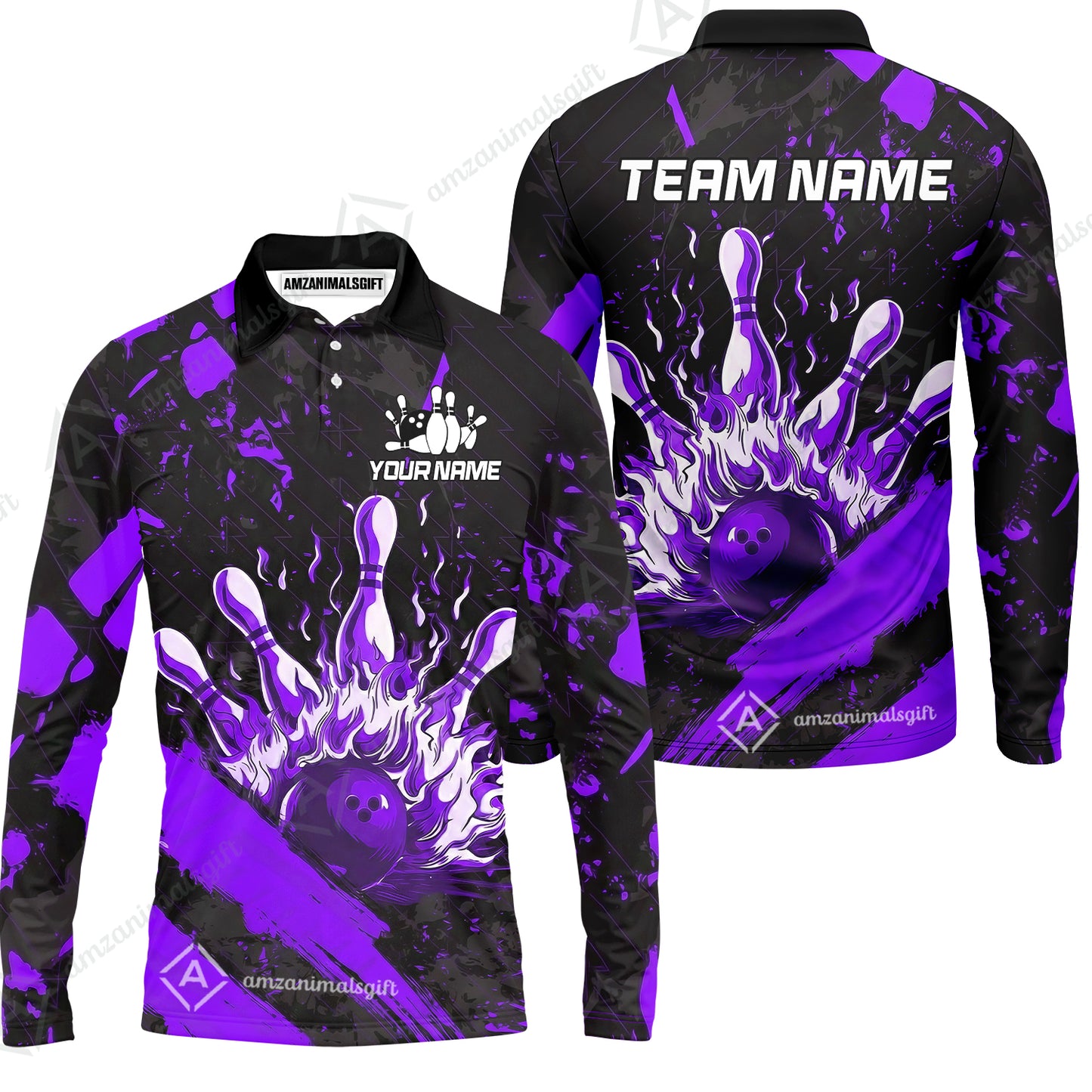 Customized Bowling Unisex Polo Shirt, Bowling And Pins Grunge Flame, Bowling Uniform - Personalized Name And Team Name