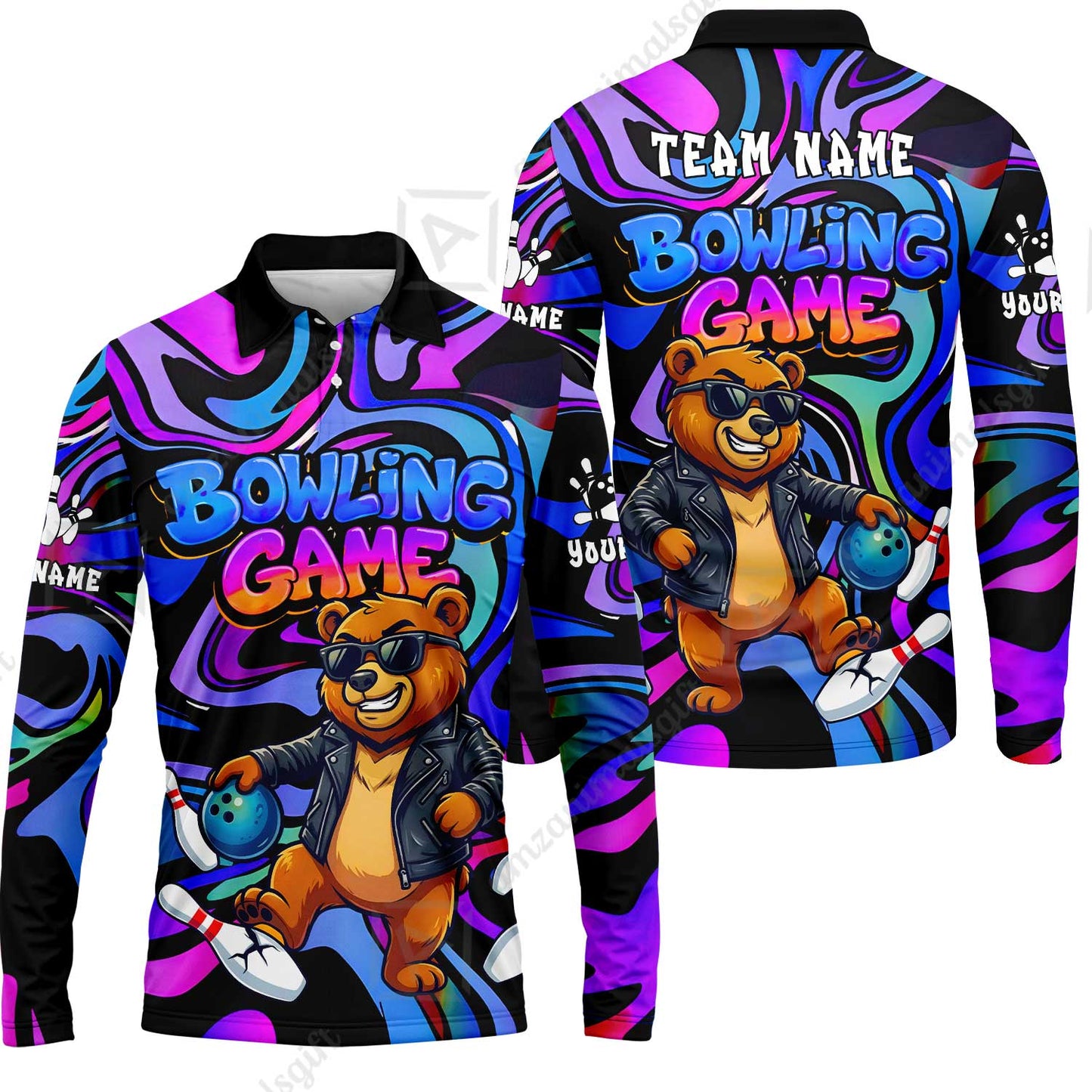 Custom Bowling Jersey Polo Shirt, Trippy Swirl Rocker Bear Graffiti Style, Custom Bowling Jersey Team Shirt For Players With Name & Team Name