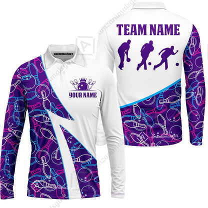Custom Bowling Team Bowling Jersey, Neon Pattern Bowling Jersey With Player Silhouettes Multicolor Polo Quarter-Zip Shirts, Custom Bowling Uniforms Jerseys