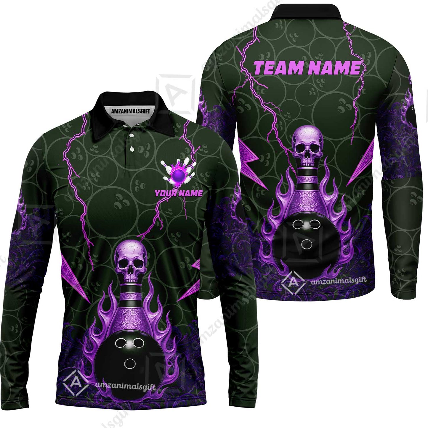 Custom Bowling Team Unisex Polo Shirt, Thunder Skull Strike Personalized Team Shirt, Custom Name and Team Name for Bowlers
