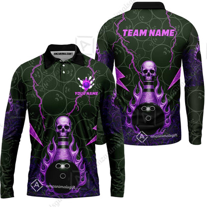 Custom Bowling Team Unisex Polo Shirt, Thunder Skull Strike Personalized Team Shirt, Custom Name and Team Name for Bowlers