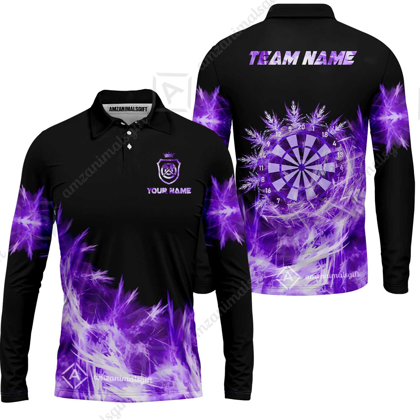 Customized Darts Long Sleeve Polo Shirt, Darts Icy Light Black And Multi Color Team Long Sleeve Polo Shirt Jersey For Darts Player