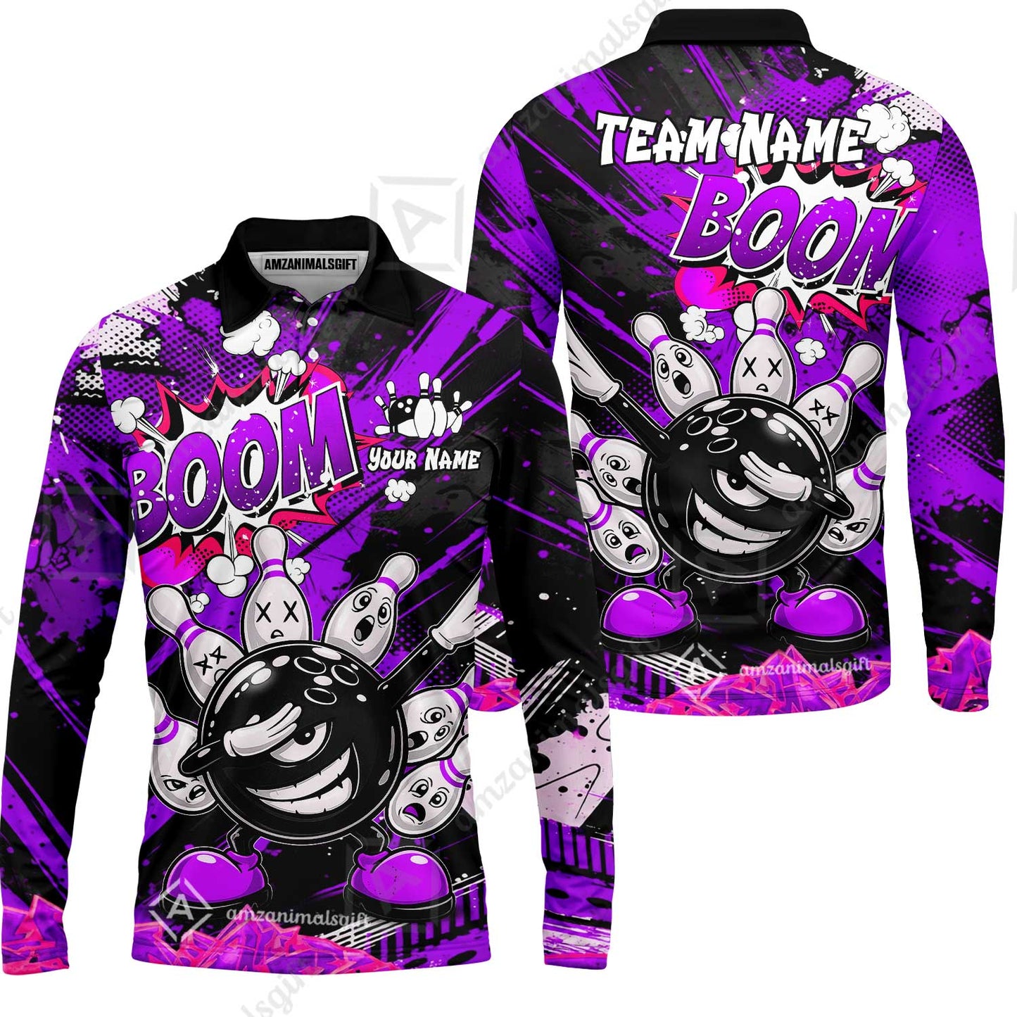 Customized Bowling Unisex Polo Shirt, Boom Bowling Angry Ball Screaming Pins, Personalized Name And Team Name For Bowlers