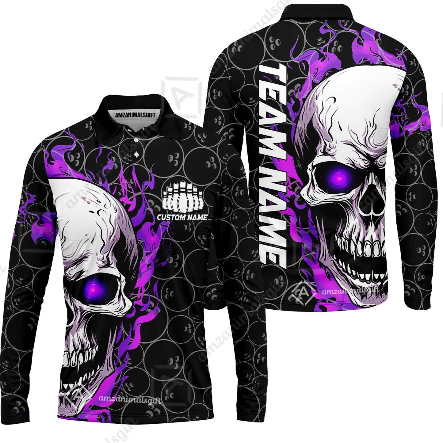 Personalized Bowling Unisex Polo Shirt, Green Flaming Skull Shirt For For Team Men Women Bowlers
