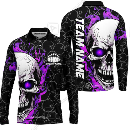 Personalized Bowling Unisex Polo Shirt, Green Flaming Skull Shirt For For Team Men Women Bowlers