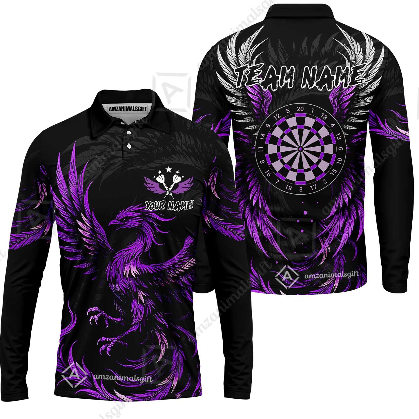 Custom Darts Team Long Sleeve Polo Shirt, Phoenix Dartboard Wings Darts Long Sleeve Polo Shirt, Custom Name And Team Name Darts Uniforms Jersey