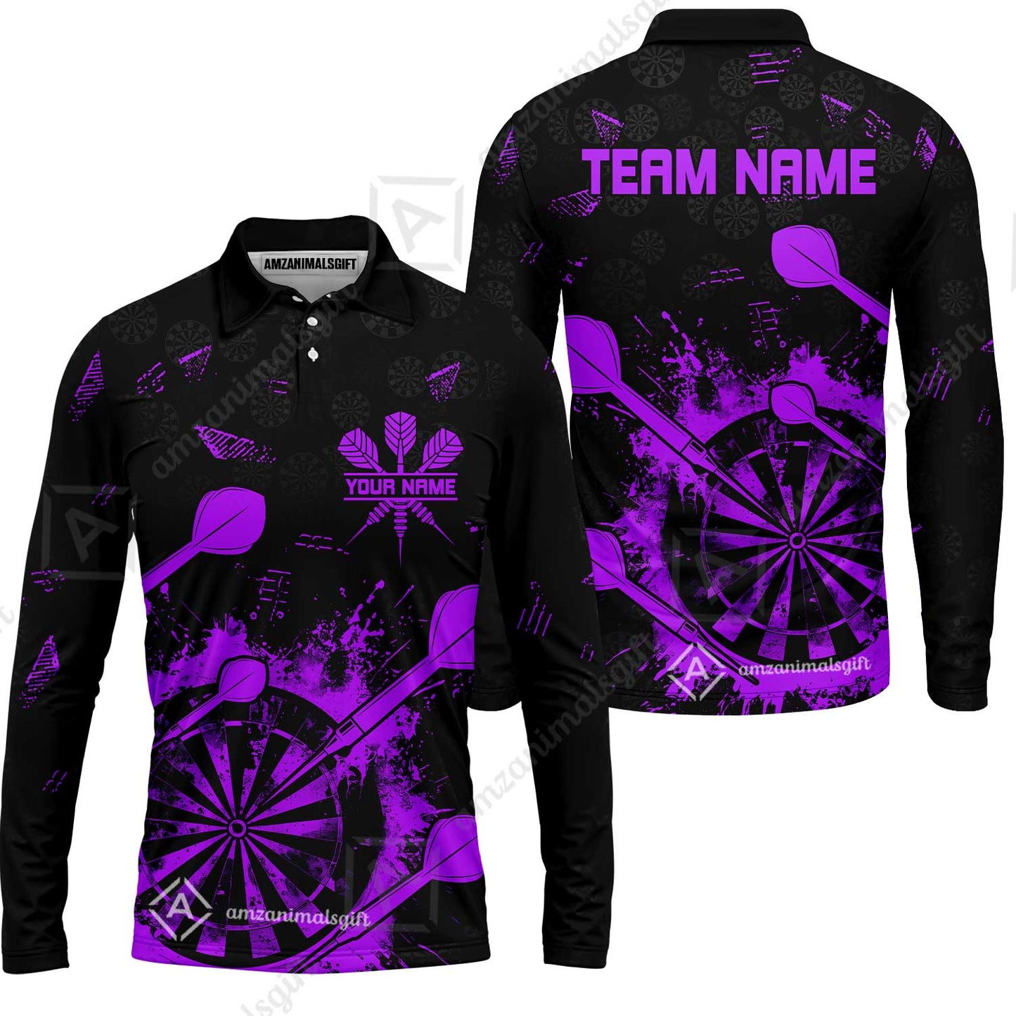 Customized Darts Long Sleeve Polo Shirt, Darts Grunge Dartboard Long Sleeve Polo Shirt Team Style Jersey for Darts Players