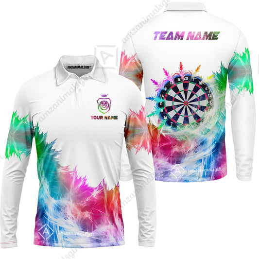 Customized Darts Long Sleeve Polo Shirt, Darts Icy Light White And Multi Color Team Long Sleeve Polo Shirt Jersey For Darts Player