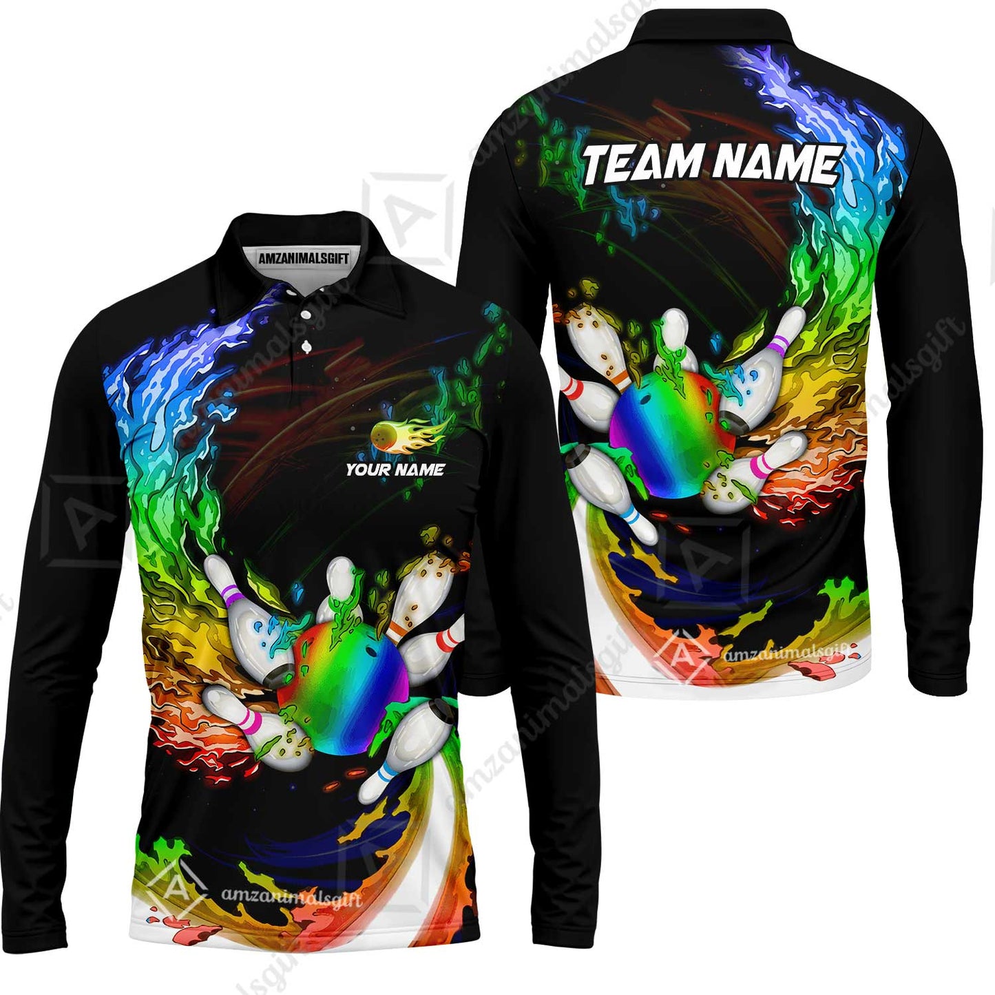 Personalized Bowling Team Long Sleeve Polo Shirt Breath Of Flaming Bowling Ball And Pins Multicolor Custom Name, Team Name For Bowlers