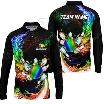 Personalized Bowling Team Long Sleeve Polo Shirt Breath Of Flaming Bowling Ball And Pins Multicolor Custom Name, Team Name For Bowlers