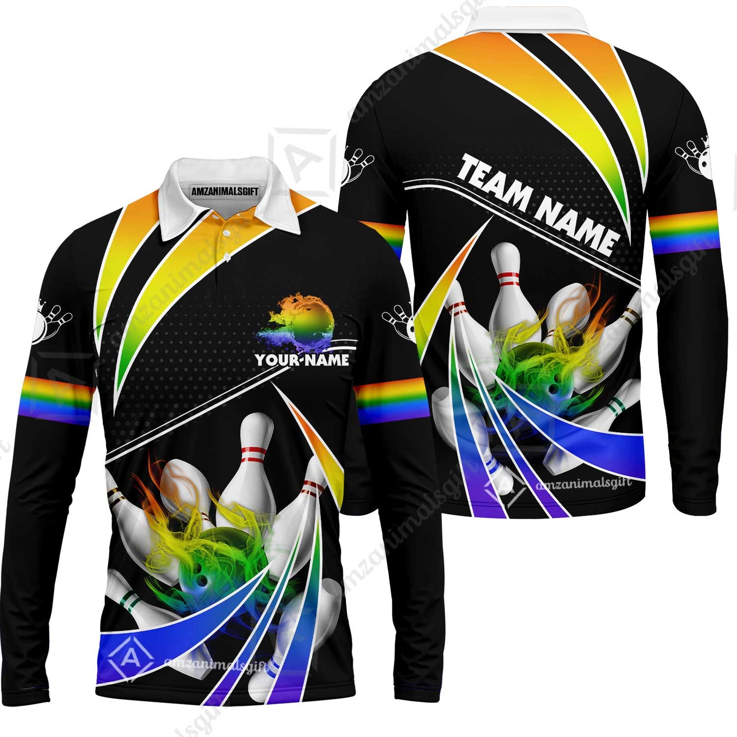Customized Bowling Long Sleeve Polo Shirt, Bowling Ball & Pins Fire Light Sport Long Sleeve Polo Shirt Multicolor Option For Bowlers