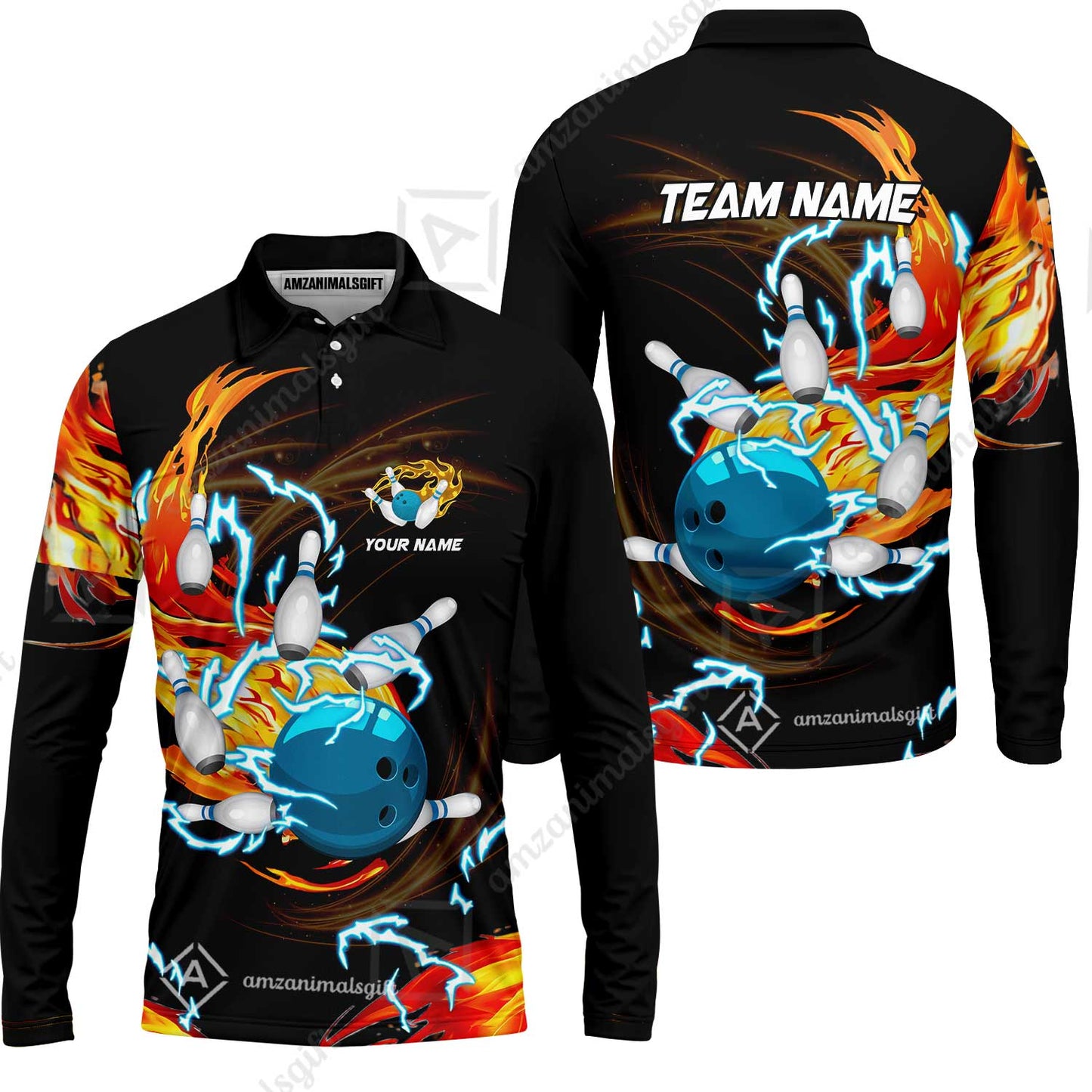 Customized Bowling Thunder Flame Long Sleeve Polo Shirt , Bowling Ball & Pins Breath Of Thunder Flame Multicolor Option, Perfect Outfit For Bowlers