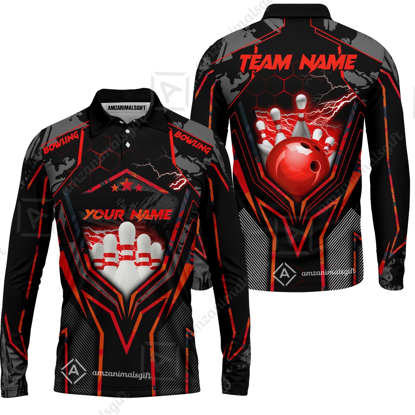 Customized Bowling Jersey, Bowling And Pins Abstract Grunge Texture X Multicolor Option Customized Name And Team Name Zipper Polo Jerseys Shirts