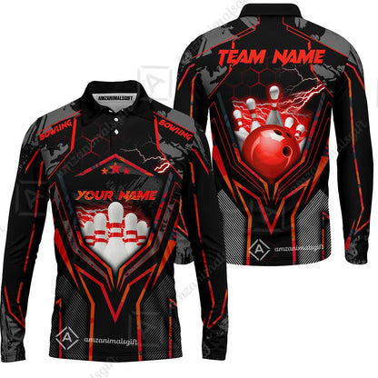 Customized Bowling Jersey, Bowling And Pins Abstract Grunge Texture X Multicolor Option Customized Name And Team Name Zipper Polo Jerseys Shirts