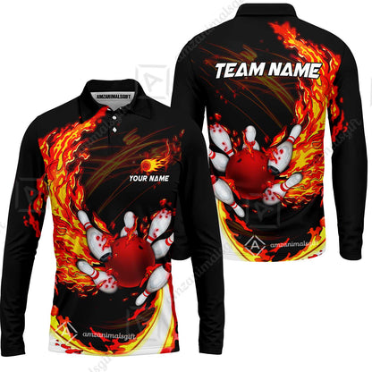 Customized Bowling Polo Team Jerseys, Breath Of Fire Bowling And Pins Multicolor Option Customized Name And Team Name For Bowling Team