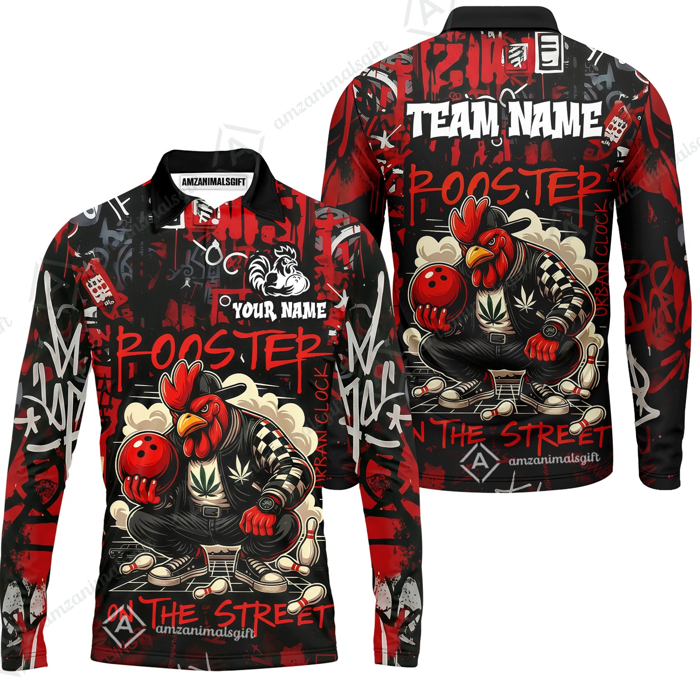 Customized Bowling Unisex Polo Shirt, Urban Streetwear Chicken Bowling Rooster On The Street, Personalized Name Team Name