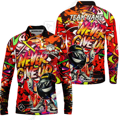 Customized Bowling Unisex Polo Shirt, Graffiti Bowling Funny Never Give Up Bowling Uniform, Personalized Name And Team Name