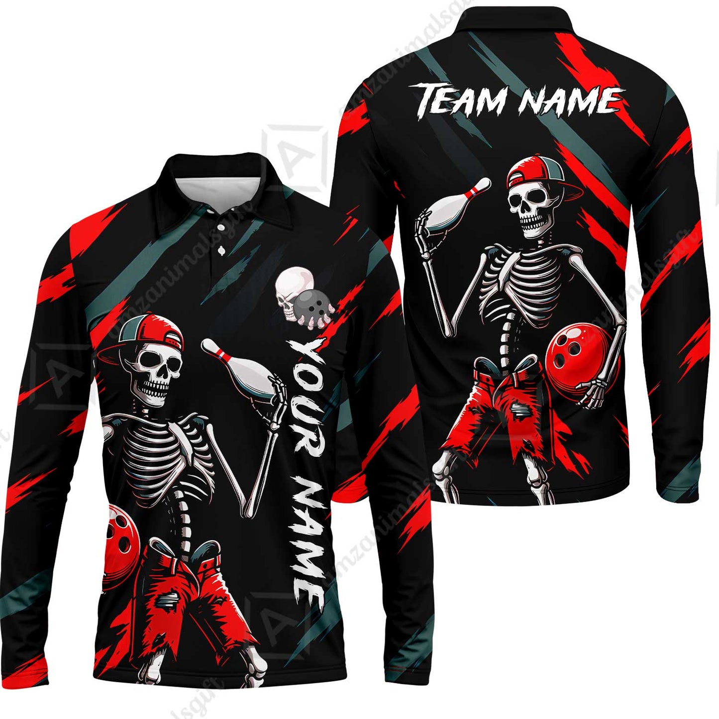 Customized Bowling Shirt, Bad Boy Skeleton Bowler, Personalized Polo Shirt For Players With Name & Team Name