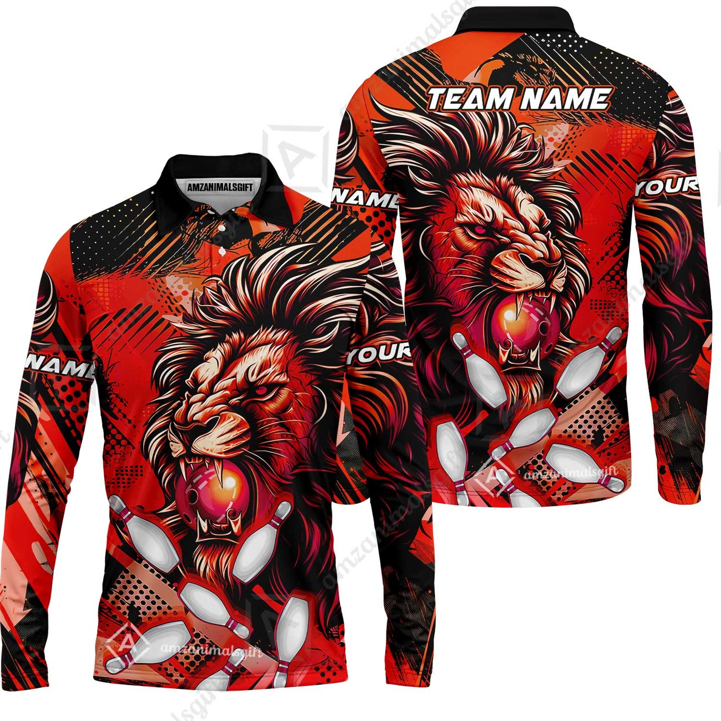Custom Bowling Team Jerseys Shirts, Bowling uniforms Ball & Pins Lion Pattern Personalized Name And Team Name
