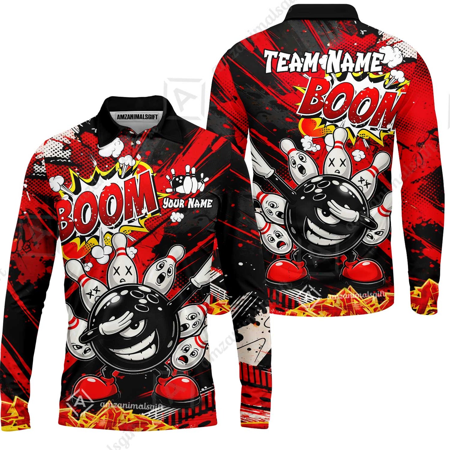 Customized Bowling Unisex Polo Shirt, Boom Bowling Angry Ball Screaming Pins, Personalized Name And Team Name For Bowlers