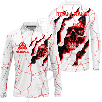 Customized Darts Long Sleeve Polo Shirt, Torn-Up Skull Dartboard Eyes Darts Team Style Long Sleeve Polo Shirt for Players, Jersey for Darts Players