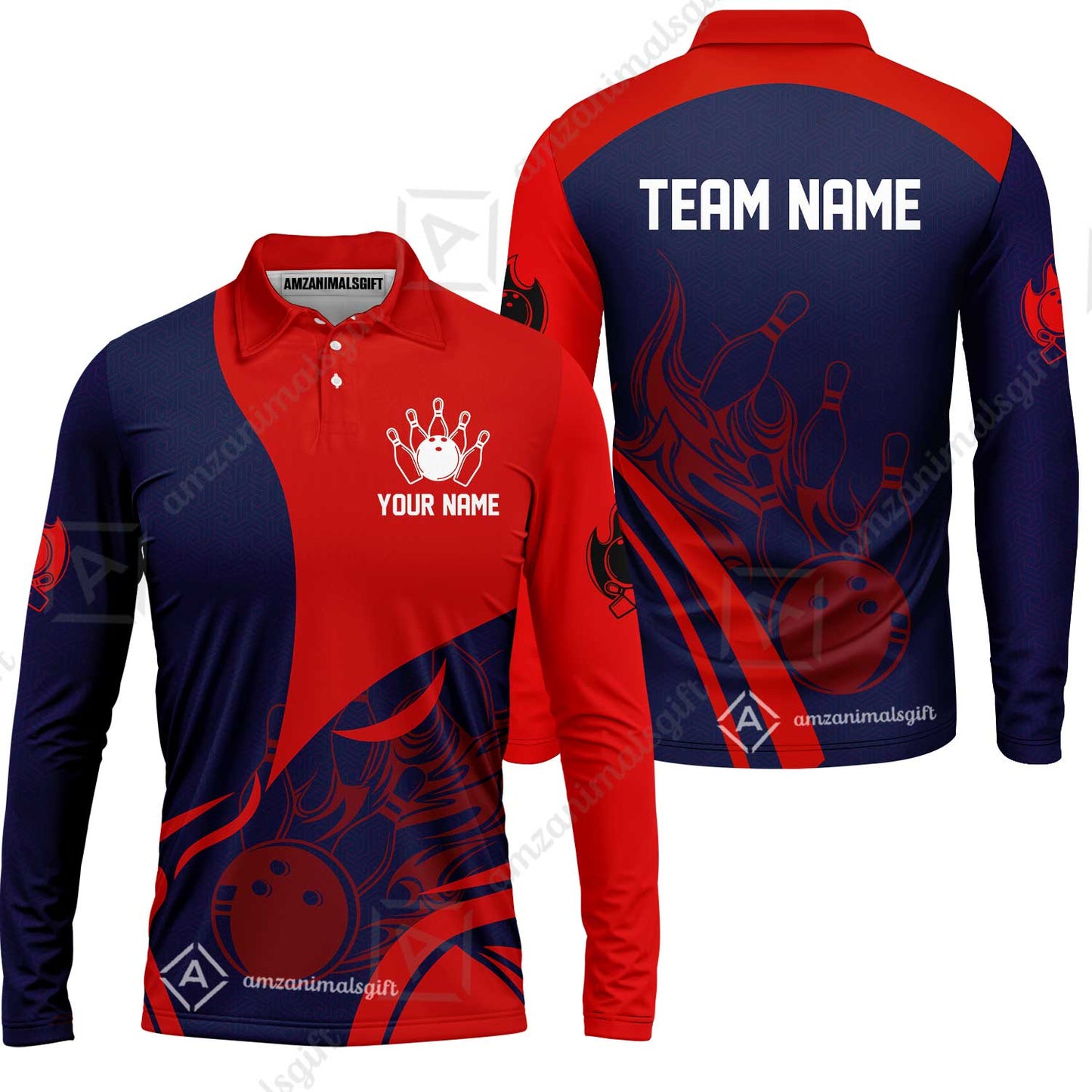 Customized Bowling Long Sleeve Polo Shirt, Flame Bowling Multicolor Custom Team Style Uniform Long Sleeve Polo Shirt, Outfit Jersey for Bowlers