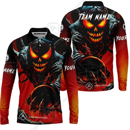 Custom Bowling Team Flat Neck Zip Jersey Shirt, Devil’s Strike Devil’s Strike Power Bowling Edition, Personalized Team Shirt with Custom Name