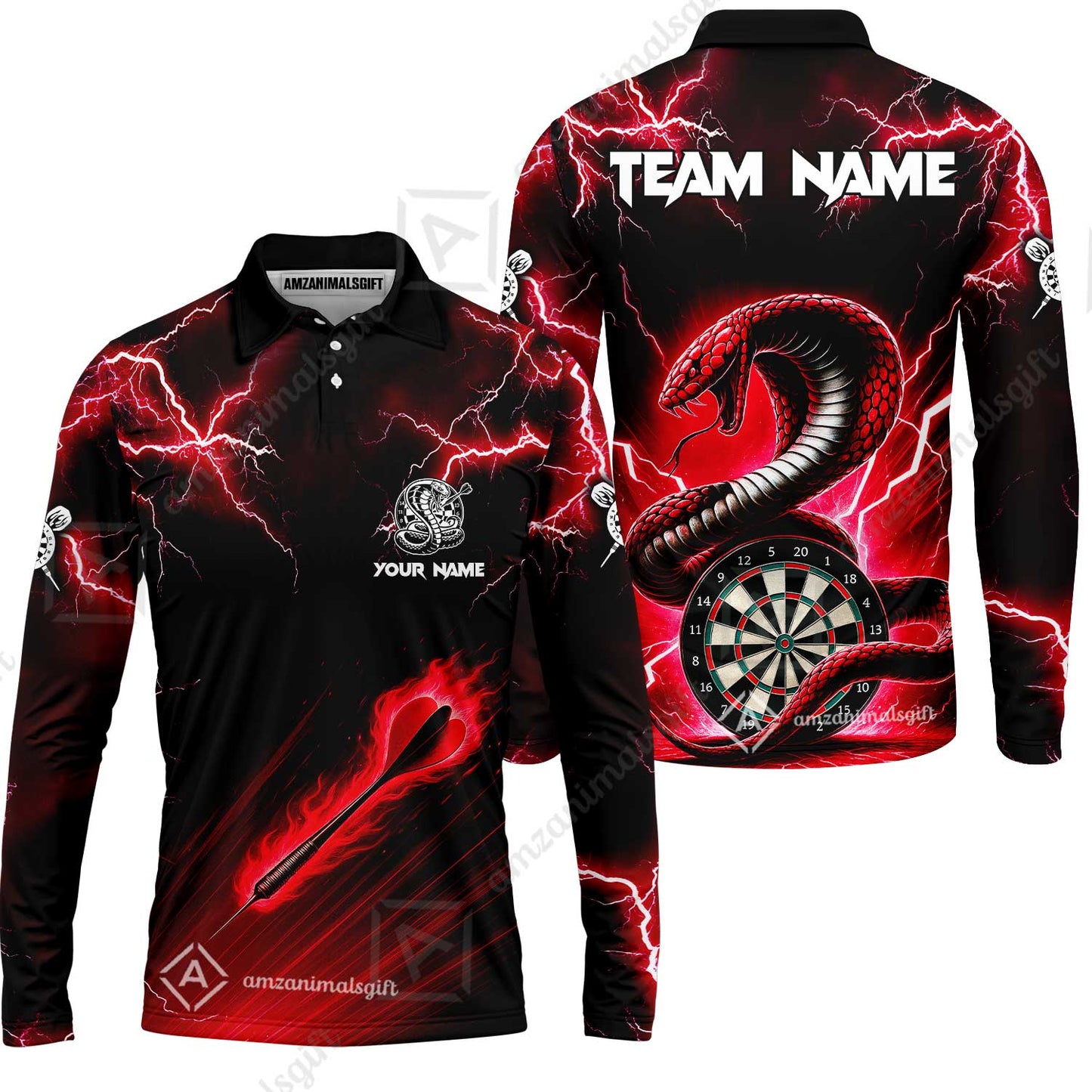 Customized Darts Long Sleeve Polo Shirt, Darts Thunder Lightning Custom Cobra Snake Men Dart Multicolor Jersey For Darts Player