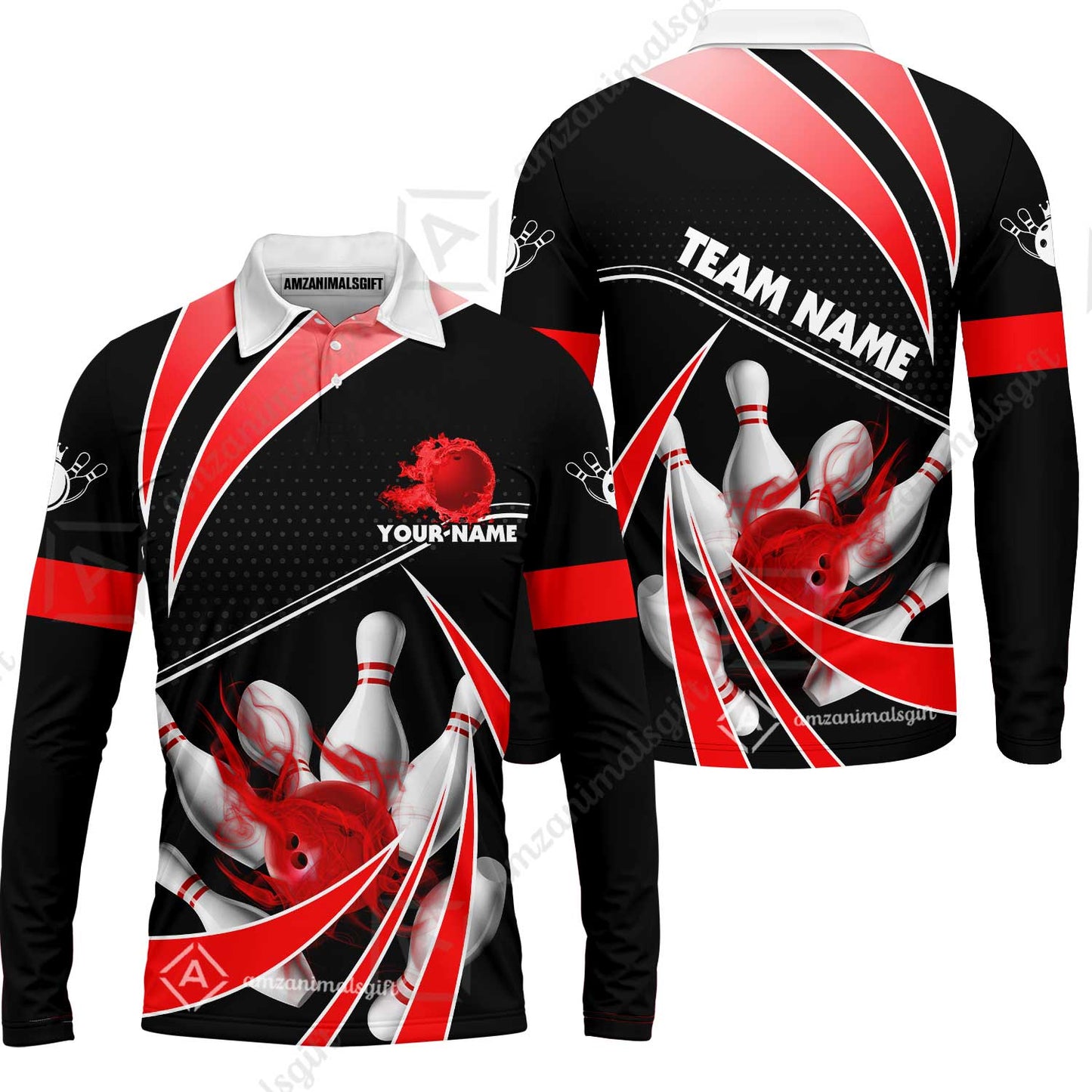 Customized Bowling Long Sleeve Polo Shirt, Bowling Ball & Pins Fire Light Sport Long Sleeve Polo Shirt Multicolor Option For Bowlers