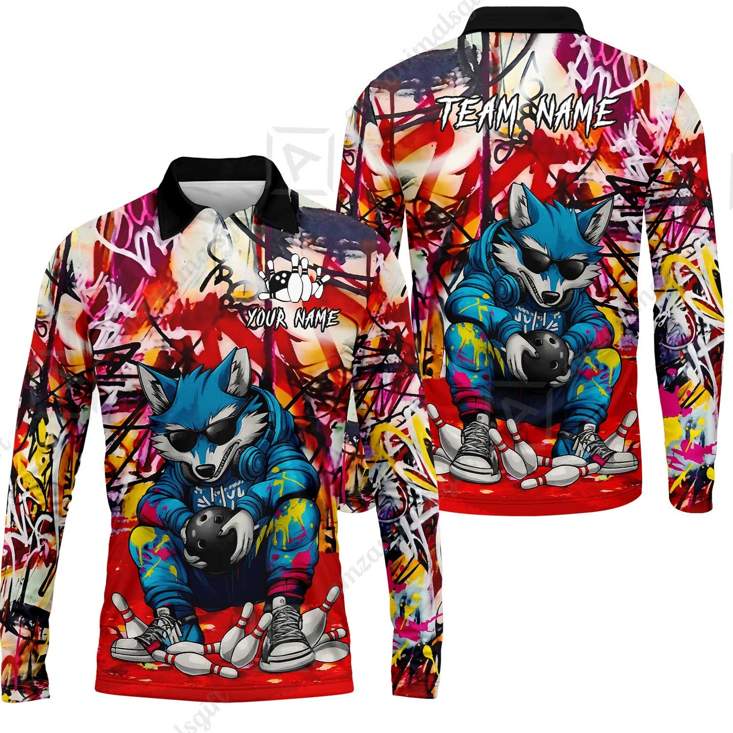 Custom Streetwear Wolf Bowling Jersey Polo Shirt, Custom Streetwear Wolf Bowling Jersey Team Shirt For Players With Name & Team Name