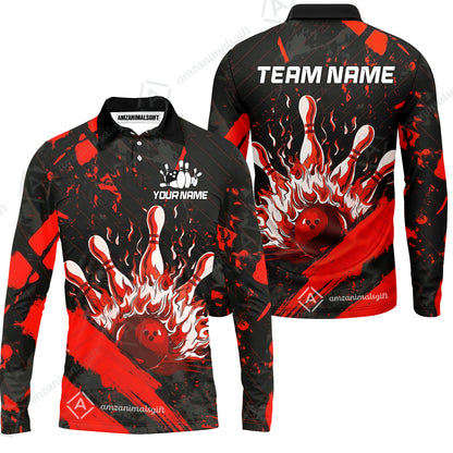 Customized Bowling Unisex Polo Shirt, Bowling And Pins Grunge Flame, Bowling Uniform - Personalized Name And Team Name