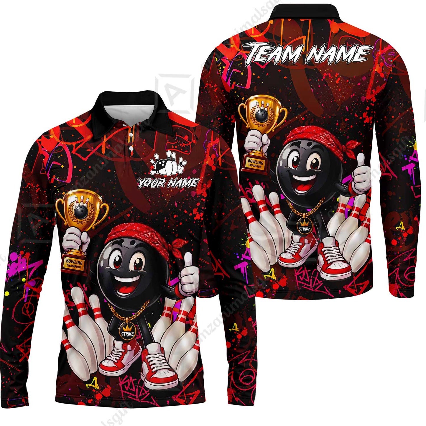 Custom Bowling Jersey Polo Shirt, Graffiti Champion, Custom Bowling Jersey Team Shirt For Players With Name & Team Name