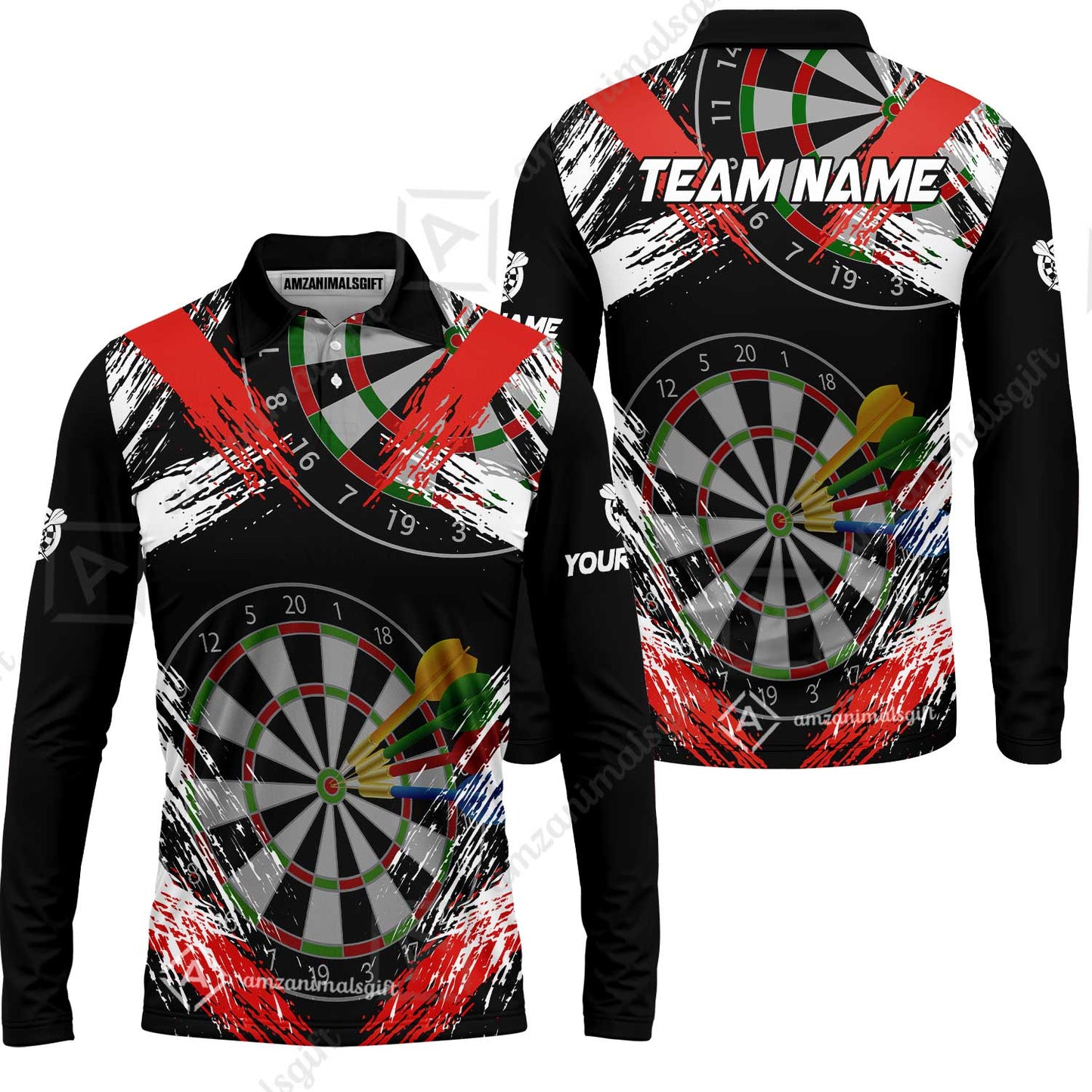 Customized Darts Long Sleeve Polo Shirt, Darts Tournament Grunge Style Multicolor Custom Dart Long Sleeve Polo Shirt Team Jersey For Darts Player