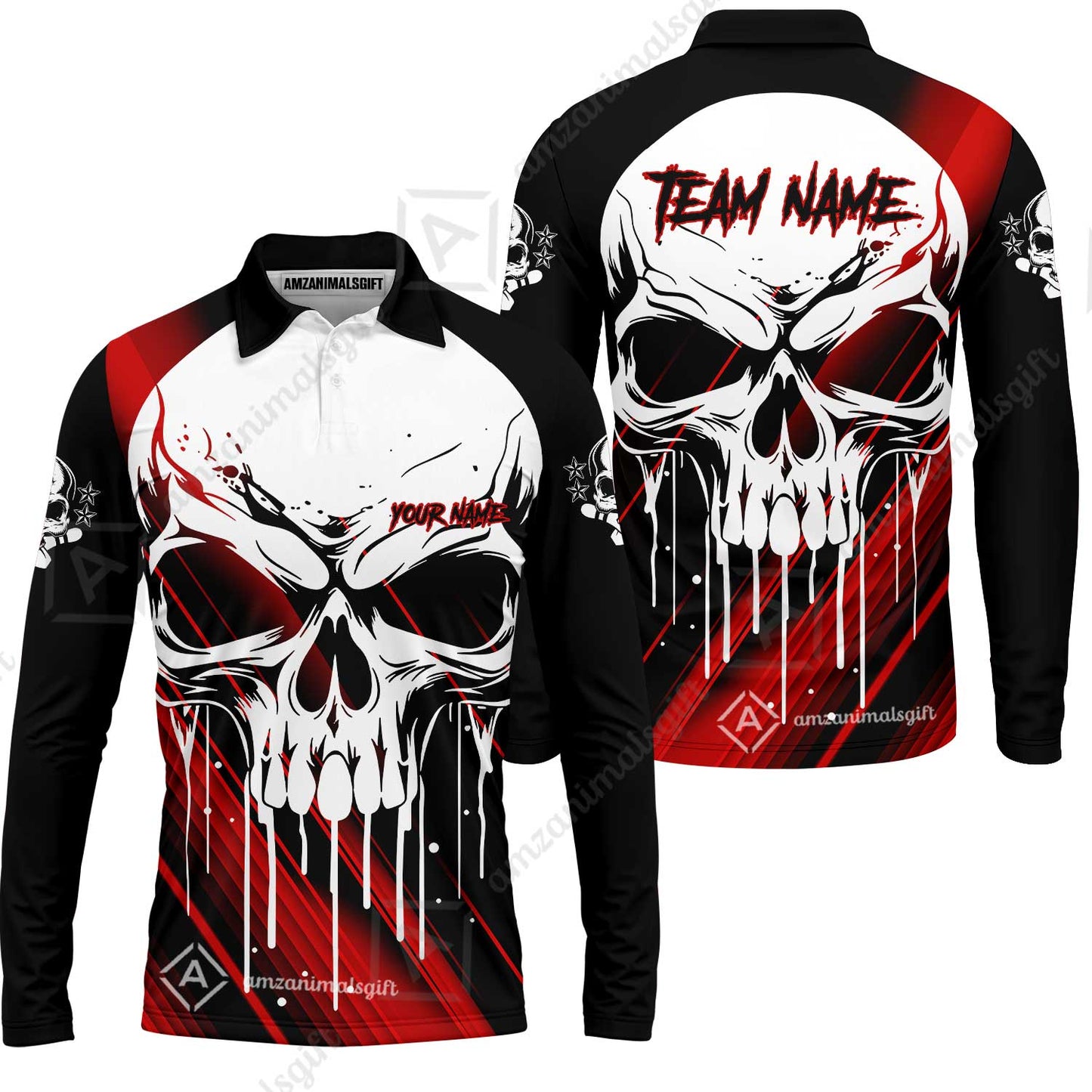 Customized Bowling Polo, Blue Skull Bowling Creepy Style Bowling jerseys Custom Name And Team Shirt
