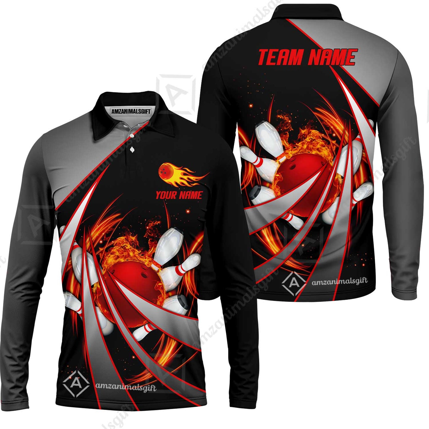 Customized Bowling Unisex Polo, Flame Bowling And Pins Tornado Pattern Multicolor Option Customized Name Zipper Polo Jerseys Shirts