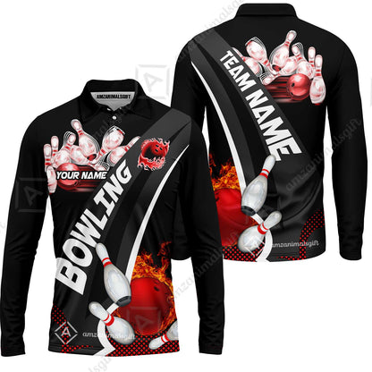 Customized Bowling Polo, Bowling And Pins Plame Premium Multicolor Option Personalized Name And Team Zipper Polo Jerseys Shirts