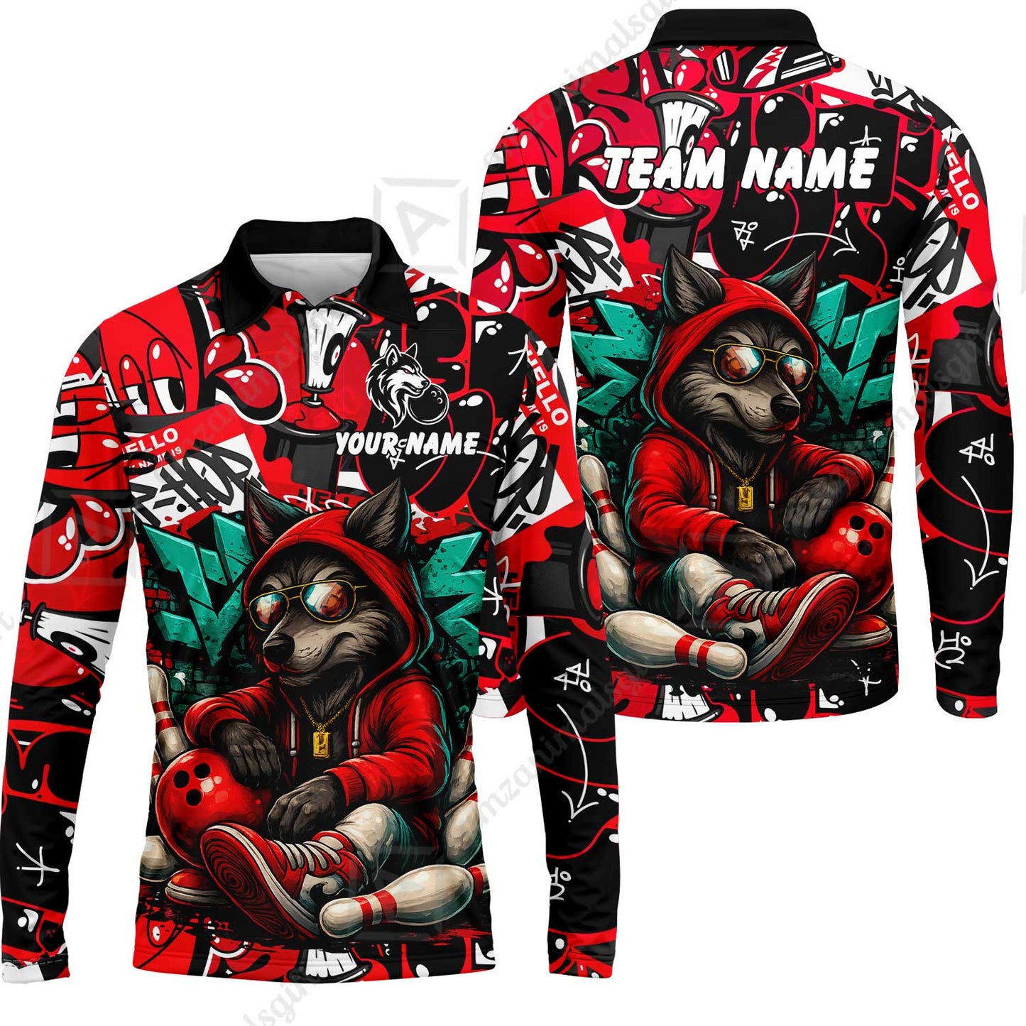Custom Bowling Jersey Polo Shirt, Badass Wolf Mascot Bowling, Custom Bowling Jersey Team Shirt For Players With Name & Team Name
