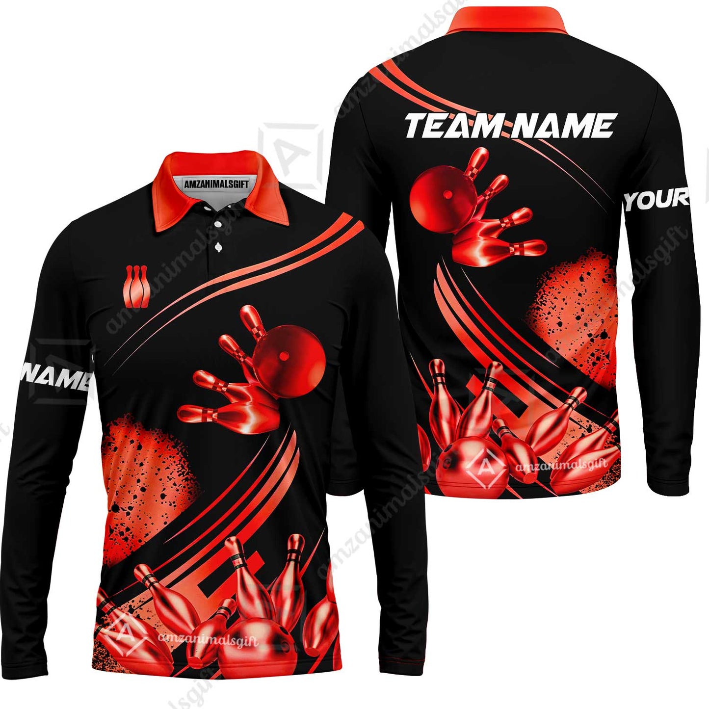 Custom Bowling Team Jerseys Polo Shirts, Bowling Uniforms Ball And Pins Ultimate Golden Multicolor Options Personalized Name And Team Name