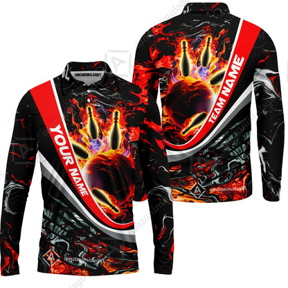 Customized Bowling Polo, Flaming Magma Bowling And Pins Multicolor Option Customized Name Team Name For Bowling Team Shirts