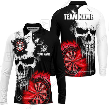 Custom Grunge Skull Crack Wall Darts Team Long Sleeve Polo Shirt, Customized Name Team Name Darts Polo Team Jerseys Uniform