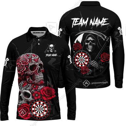 Customized Darts Long Sleeve Polo Shirt, Darts Turquoise Skull Roses Dartboard Zip Polo Style Jersey for Darts Players