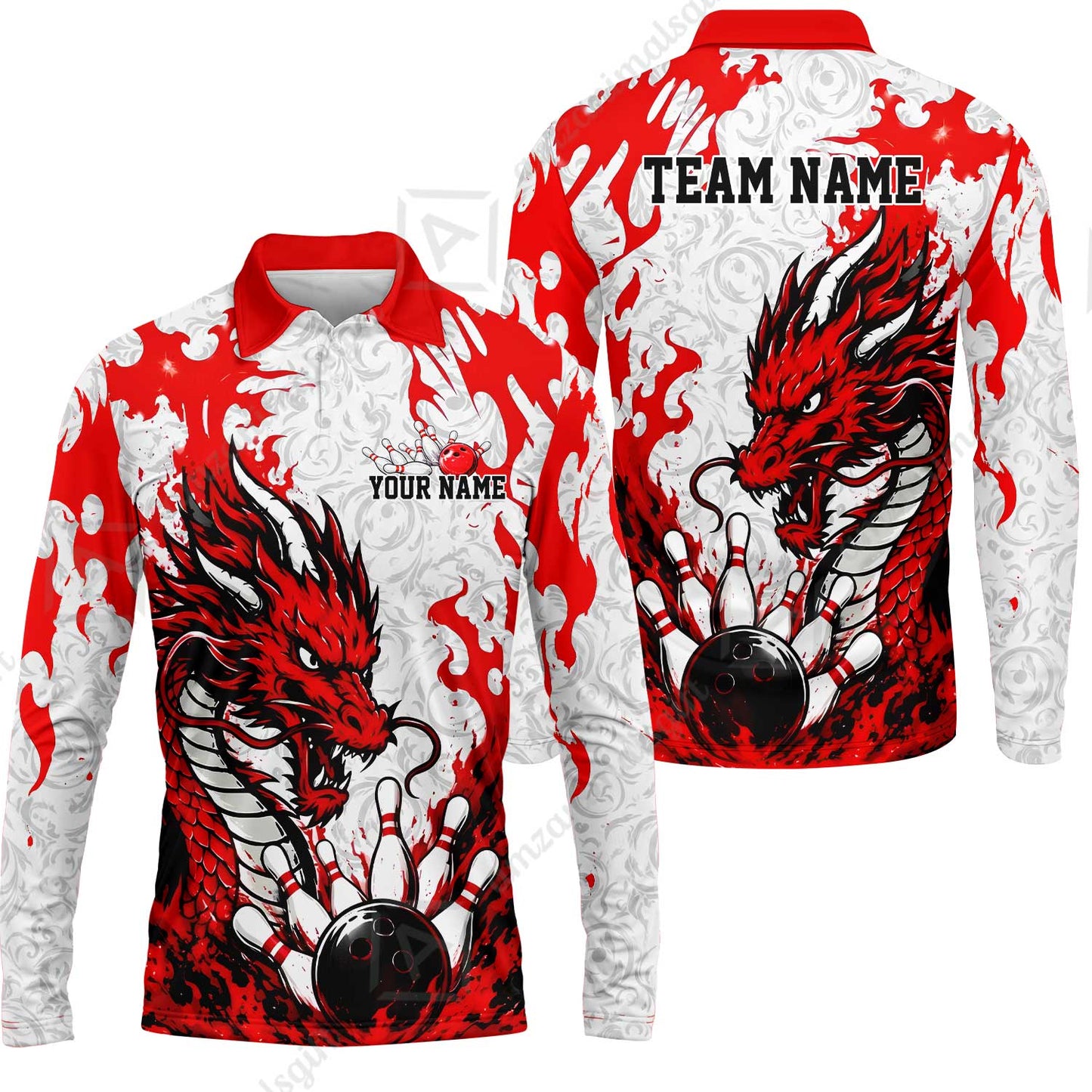 Custom Bowling Jersey Polo Shirt, Fierce Crimson Fire Dragon Strike, Custom Bowling Jersey Team Shirt For Players With Name and Team Name