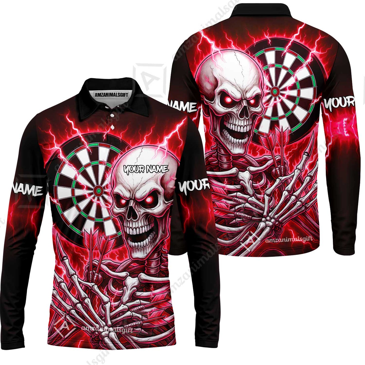 Custom Darts Team Long Sleeve Polo Shirt, Dartboard Electric Skeleton Darts Jersey Long Sleeve Polo Shirt, Custom Darts Uniforms Jersey