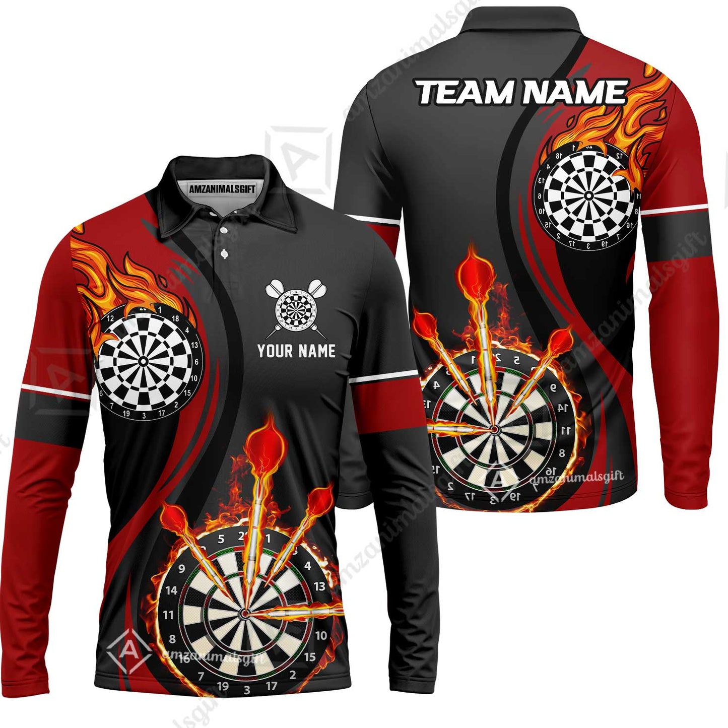 Custom Tailored Fire Flames Darts Team Jersey Polo Quarter-Zip Shirts, Customized Name Team Name Darts Team Jerseys Uniform