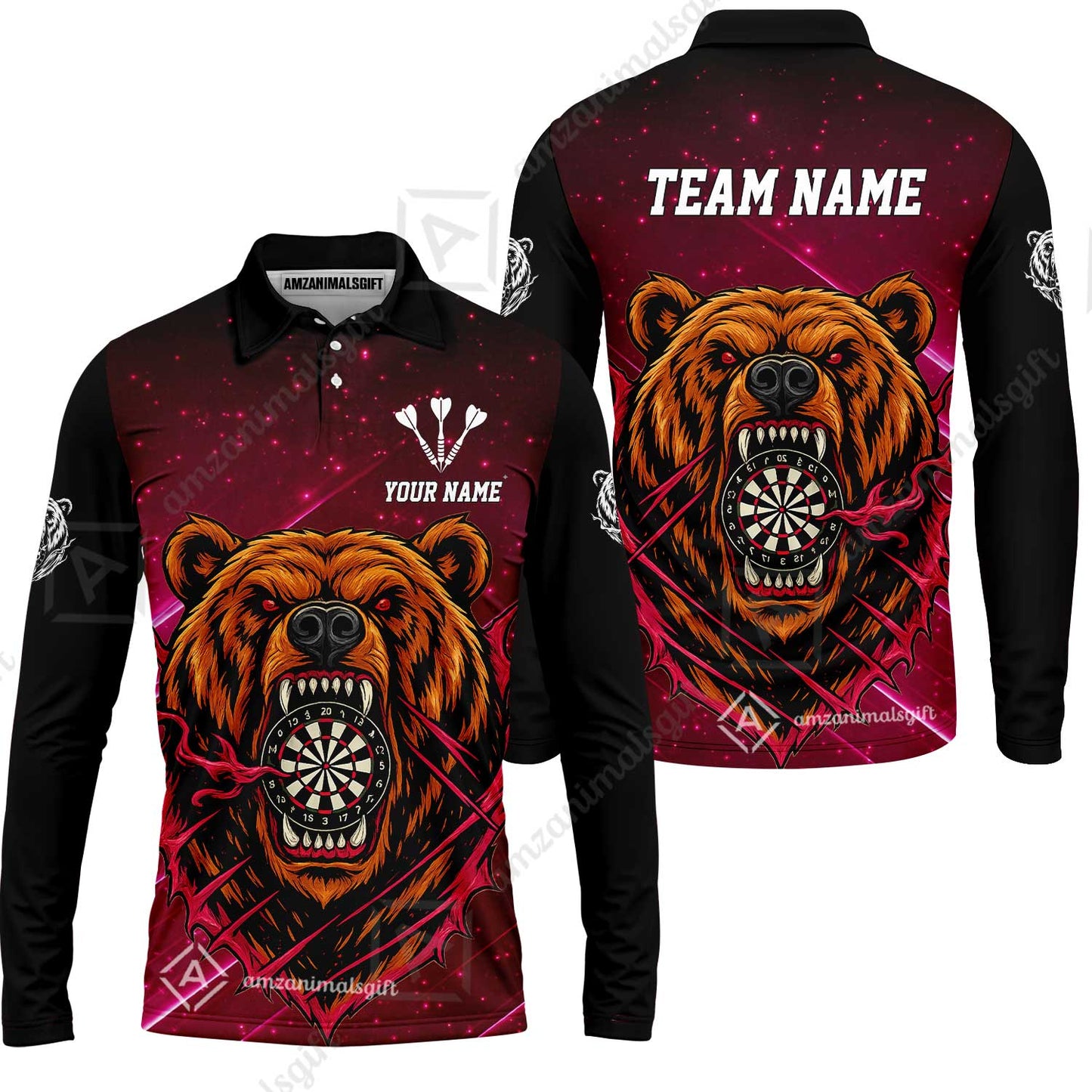 Customized Darts Team Uniform Shirt, Personalized Furious Bear Darts Collar Quarter-Zip Shirt with Name & Team Name