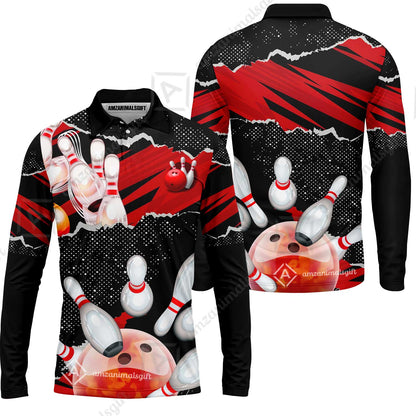 Personalized Bowling Team Long Sleeve Polo Shirt, Bowling Uniforms Ball & Pins Sport Pattern Custom Name And Team Name