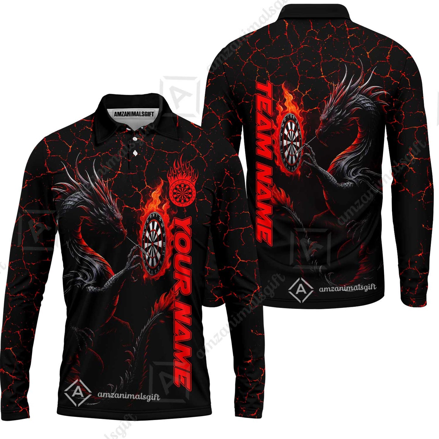 Customized Darts Long Sleeve Polo Shirt, Big Dragon Dartboard Flame Darts Team Style Long Sleeve Polo Shirt for Players, Jersey for Darts Players