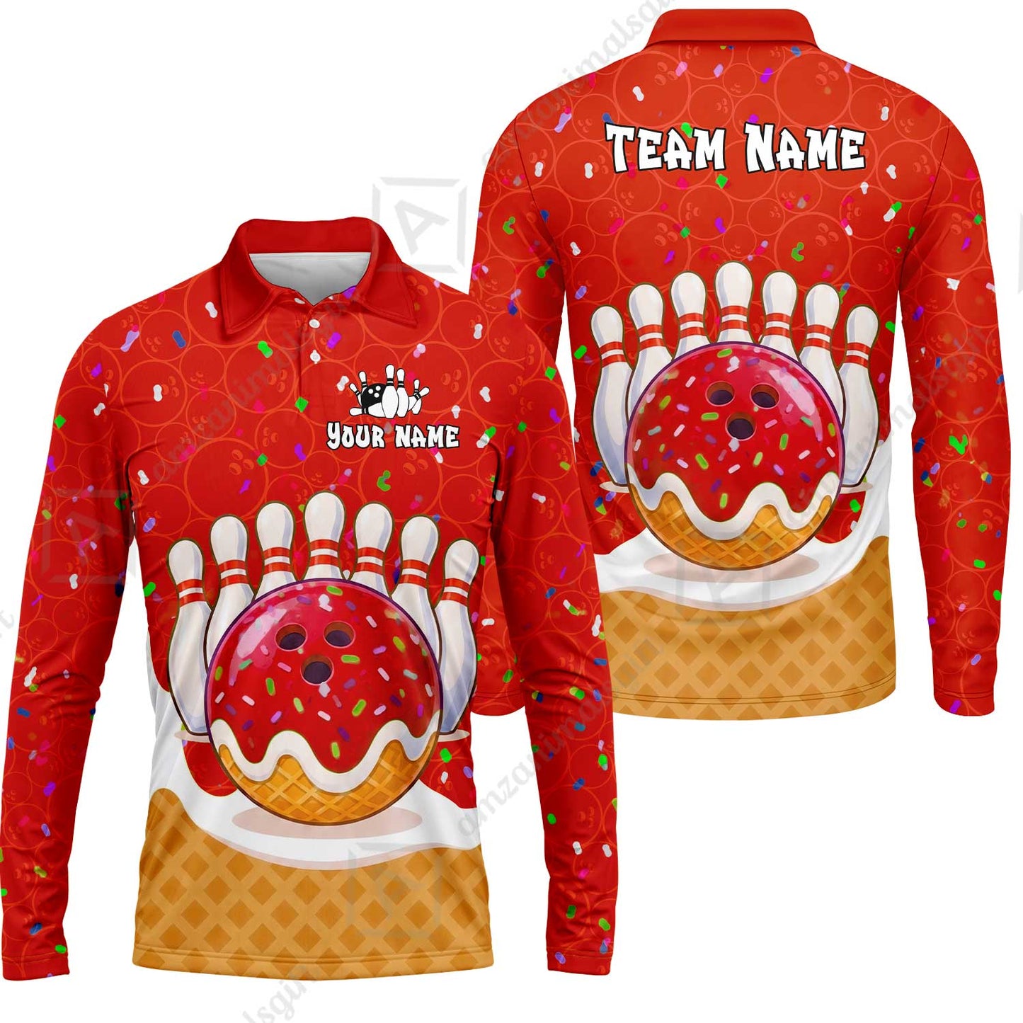 Custom Bowling Jersey Polo Shirt, Bowling Sprinkles Ice Cream Cone, Personalized Name & Team Name