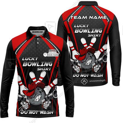 Customized Bowling Team Long Sleeve Polo Shirt, Lucky Bowling Shirt Do Not Wash Bowling Ball Aiming Guns, Personalized Name Bowling Shirt