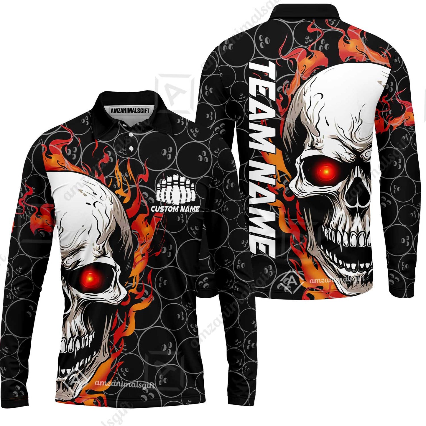 Personalized Bowling Unisex Polo Shirt, Green Flaming Skull Shirt For For Team Men Women Bowlers